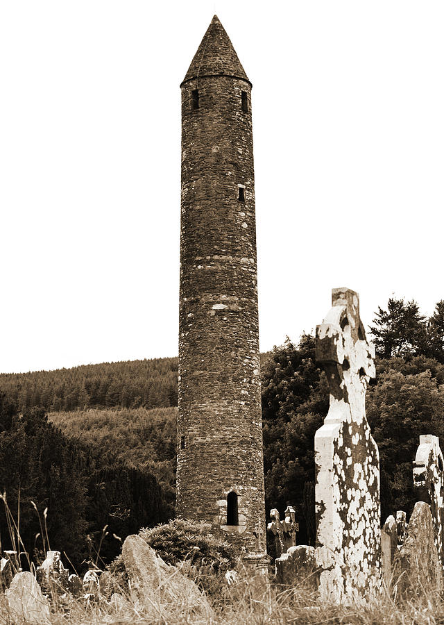 Glendalough Round Tower and Celtic Cross Headstone County Wicklow Ireland Sepia Photograph by Shawn OBrien