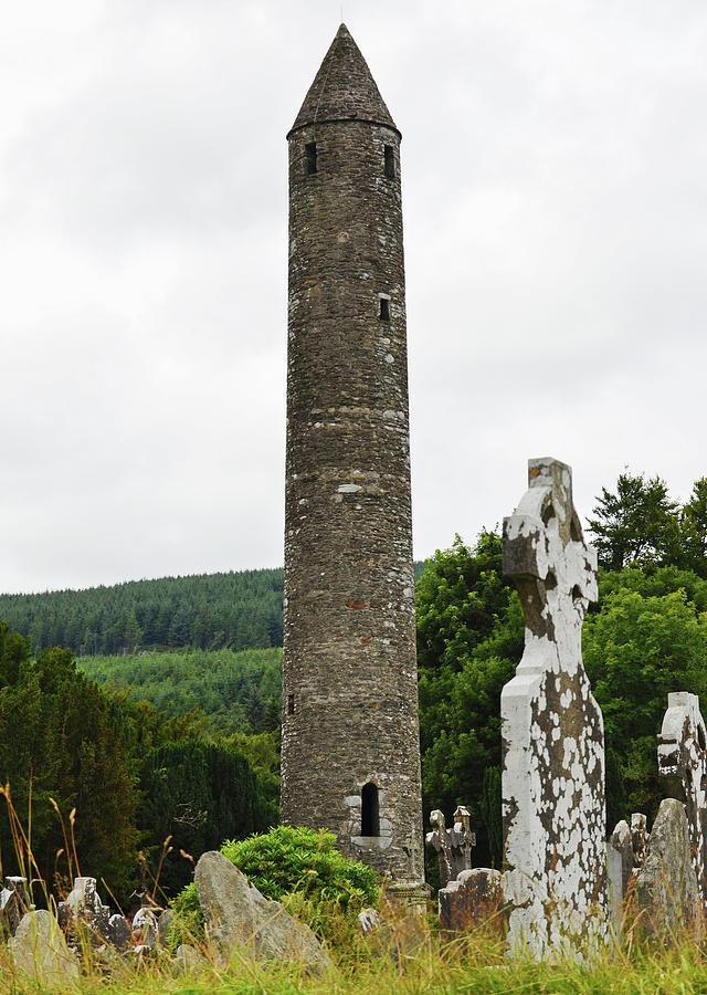 Glendalough Round Tower and Celtic Cross Headstone County Wicklow Ireland Photograph by Shawn OBrien