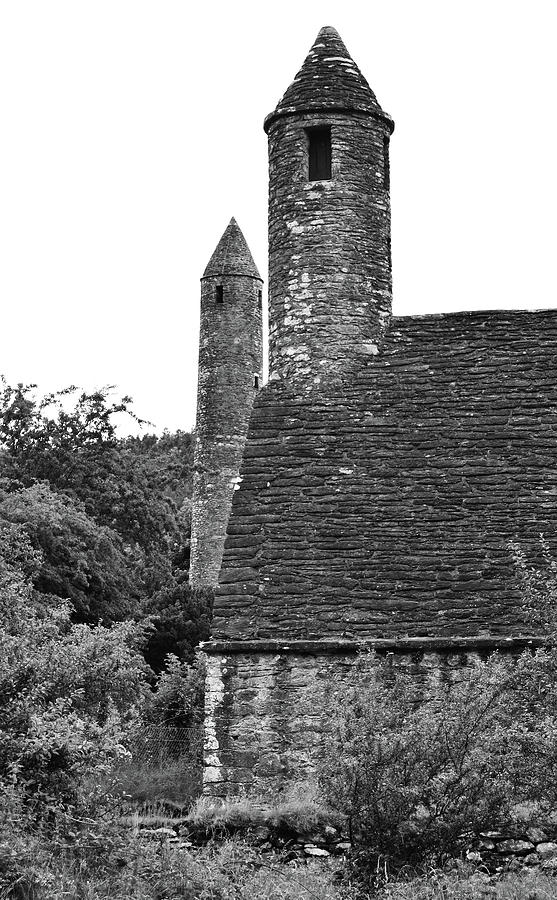 Glendalough Round Towers and St Kevins Kitchen County Wicklow Ireland Black and White Photograph by Shawn OBrien