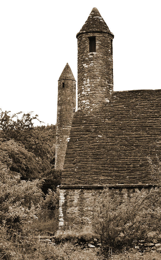 Glendalough Round Towers and St Kevins Kitchen County Wicklow Ireland Sepia Photograph by Shawn OBrien