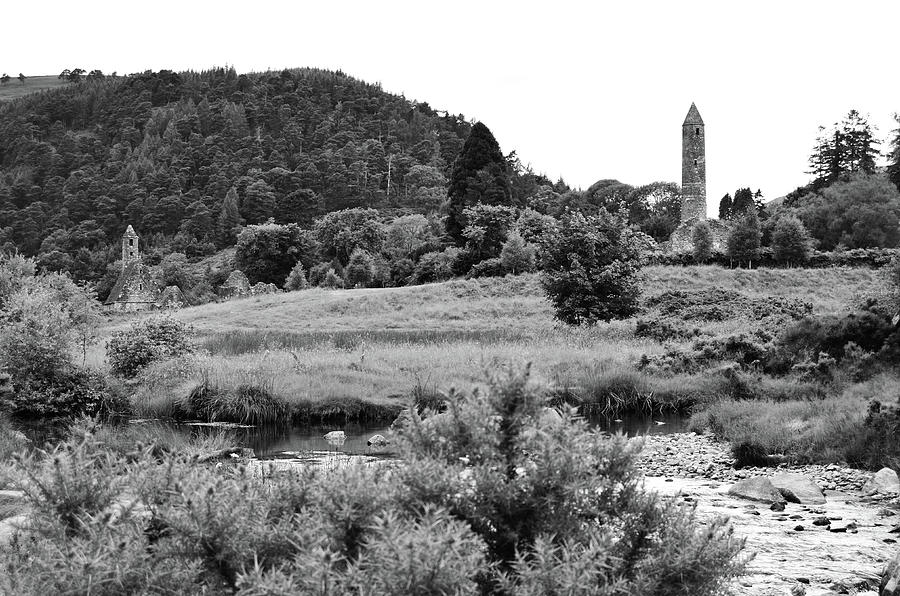 Glendalough Settlement Stream and Meadow Wicklow Mountains Co Wicklow Ireland Black and White Photograph by Shawn OBrien