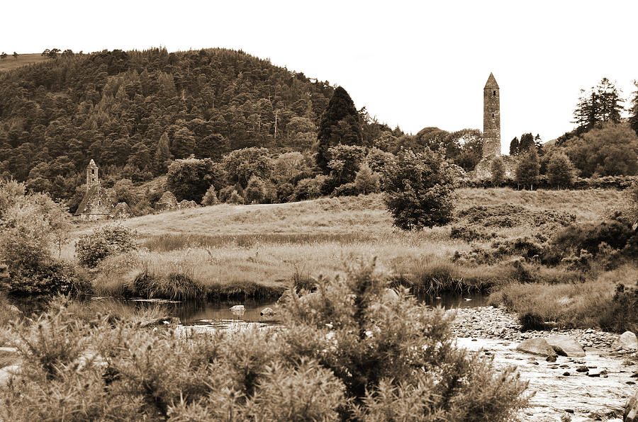 Glendalough Settlement Stream and Meadow Wicklow Mountains Co Wicklow Ireland Sepia Photograph by Shawn OBrien