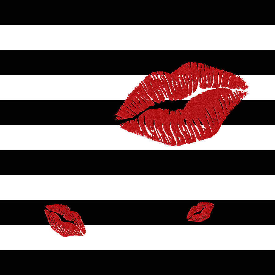 Glitter Red Lips on Black and White Stripes Painting by Georgeta Blanaru