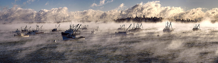 Globe Cove Fishing Boats Moored in Sea Smoke Photograph by Marty Saccone
