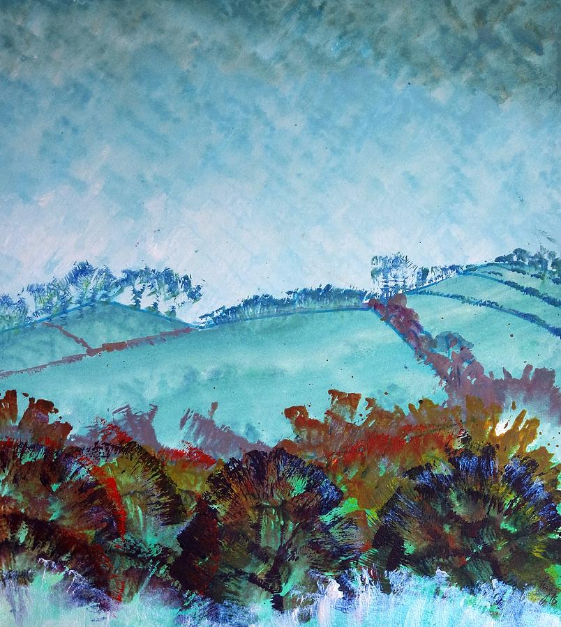 Gloomy overcast cloudy day Devon rolling hills Painting by Mike Jory