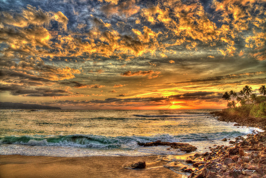 Oahu HI Glorious Waimea Bay Sunset Pacific Ocean Seascape Art Photograph by Reid Callaway