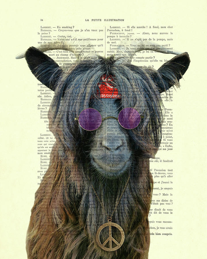Goat in hippie clothes with purple glasses and peace necklace Digital Art by Madame Memento