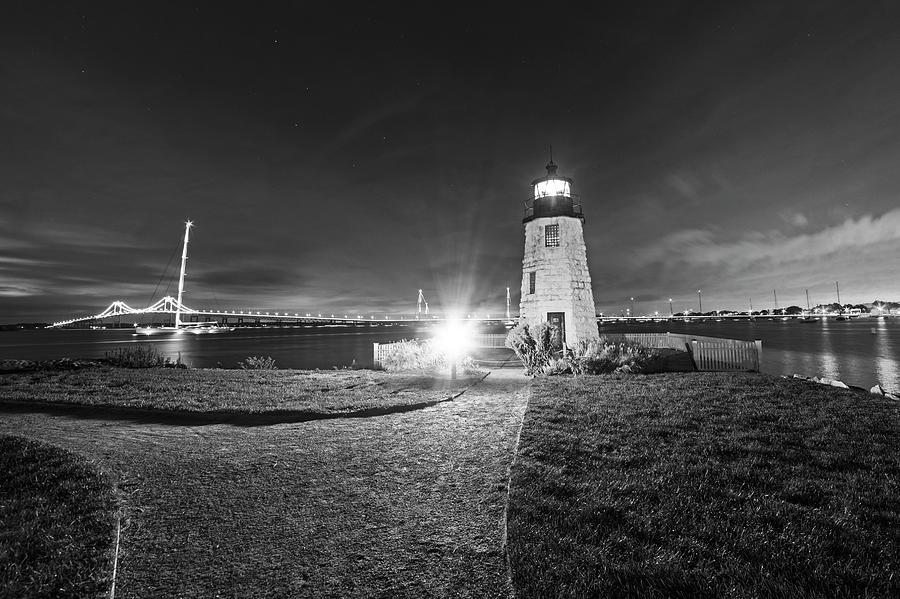Goat Island Lighthouse Newport Ri path Black and White Photograph by Toby McGuire