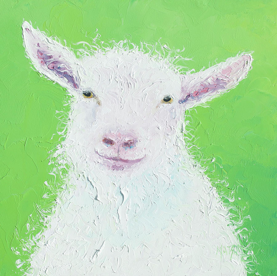 Goat painting on apple green background Painting by Jan Matson
