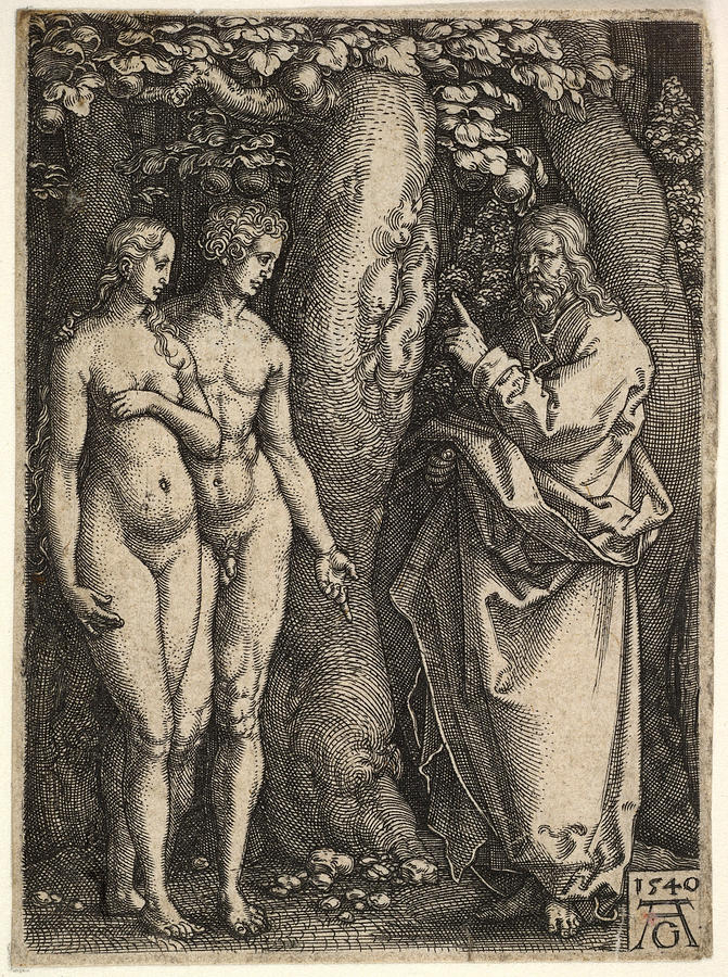 God at right forbidding the nude Adam and Eve at left to eat from the tree of knowledge Drawing by Heinrich Aldegrever