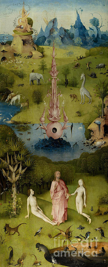God presenting Eve to Adam in Paradise Painting by Hieronymus Bosch