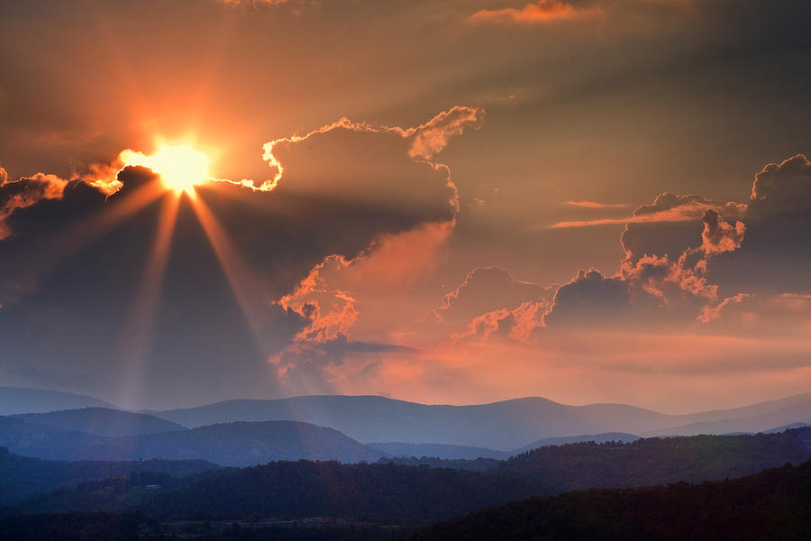 Sunset Photograph - God Rays over N C  Mountains by Ken Barrett