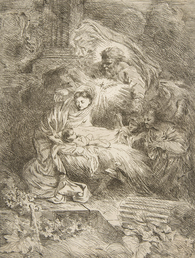 God the Father observing the Virgin and Child, angels to the right Relief by Giovanni Benedetto Castiglione