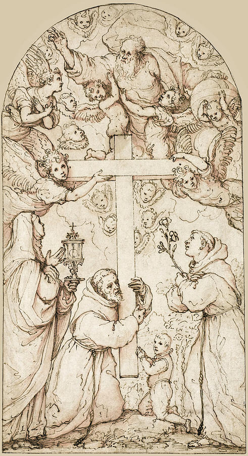 God the Father with Putti and Angels below three Saints and a Boy in Contemporary Dress Drawing by Passignano