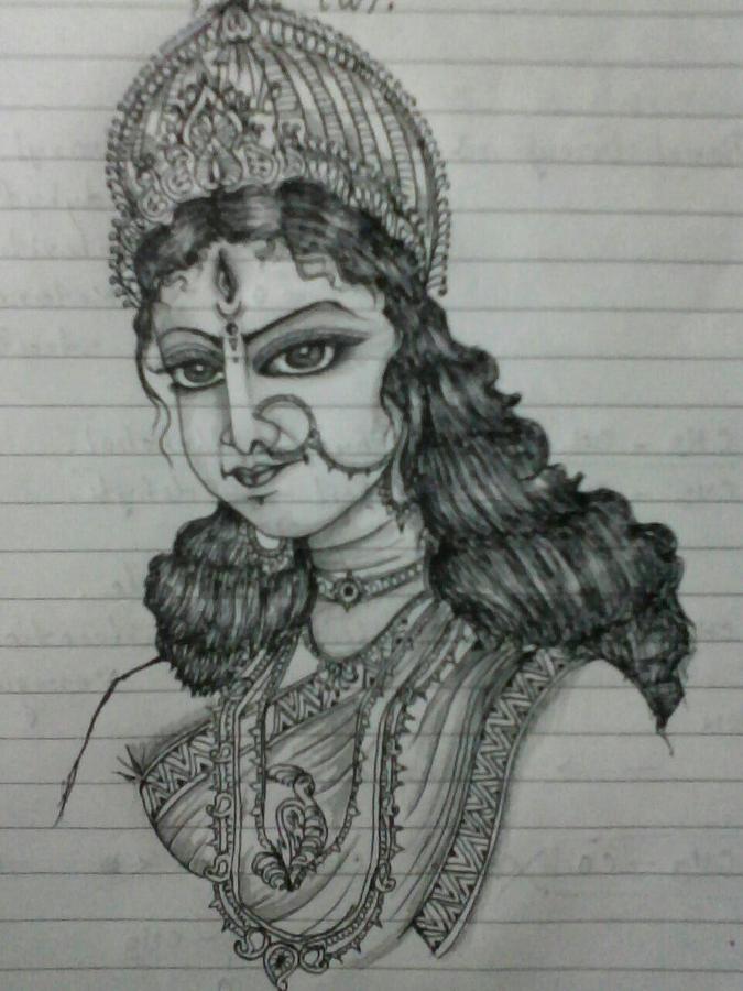 Drawing or sketch of Hindu Goddess Durga or Kali Mata (Outline Editable  Illustration Stock Photo - Alamy