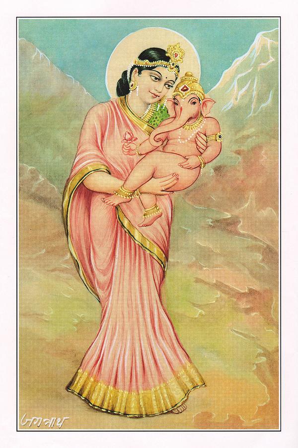 Goddess Parvati Ganesha Handmade Painting India Vedic Art Mother son  Painting by Jagannath