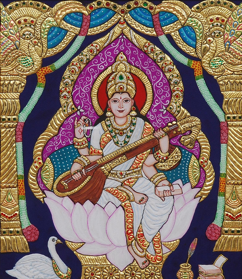Swan Painting - Goddess Saraswati by Vimala Jajoo