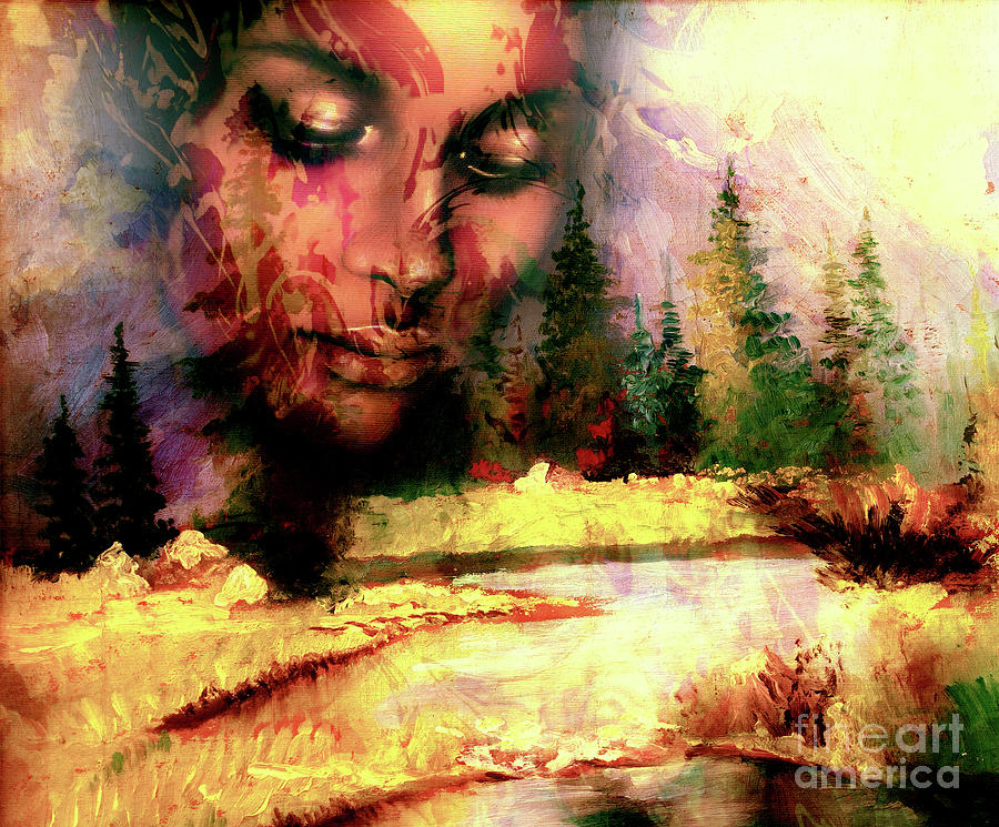 Goddess woman, with ornamental face and landscape with mountains lake and  trees, and color abstract background. meditative closed eyes. Painting by  Jozef Klopacka - Fine Art America