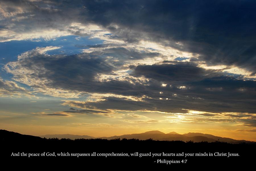 Tree Photograph - Gods Peaceful Sunset with Philippians 4-7 Scripture by Matt Quest