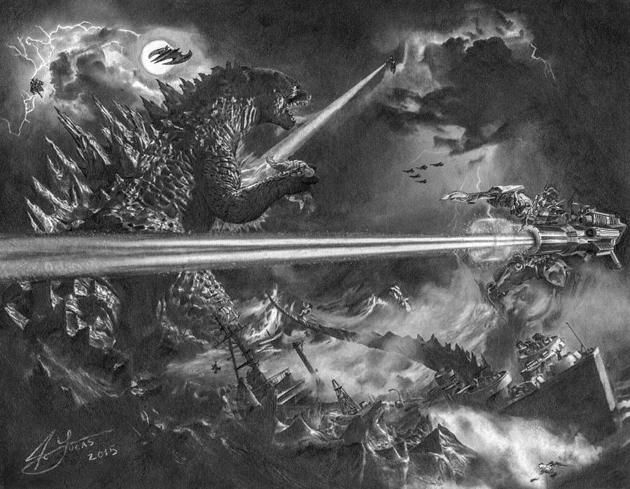 Batman Movie Drawing - Godzilla vs. Earths Mightiest Heroes by Julio Lucas