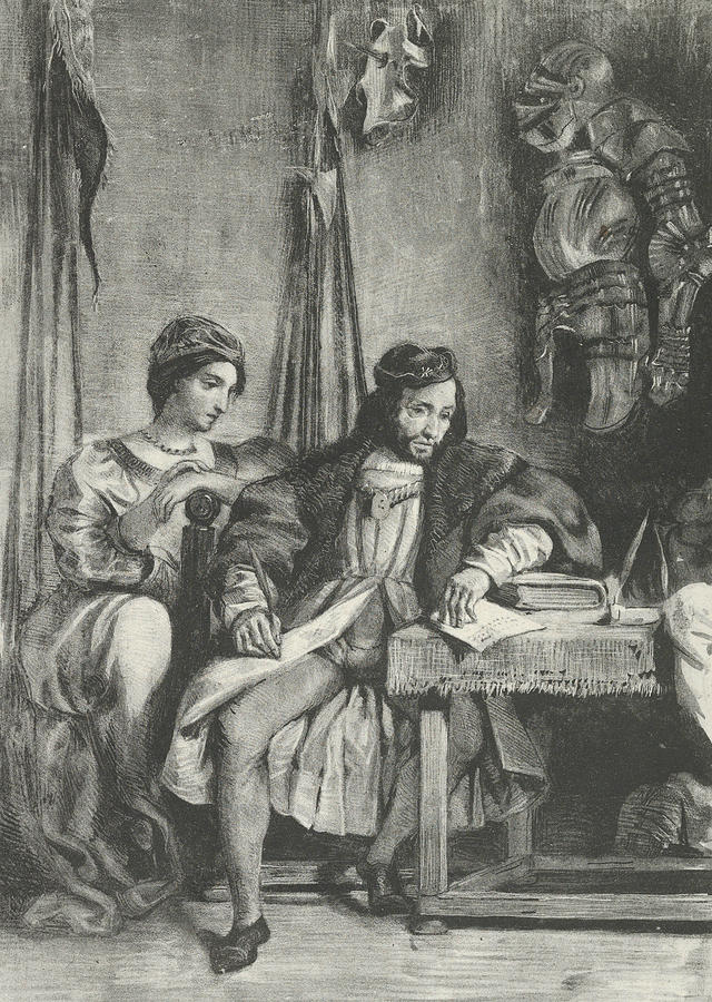 Goetz von Berlichingen Writing his Memoirs Relief by Eugene Delacroix