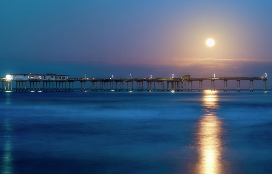 Moon Going Down Ocean Beach Pier Photograph by Joseph S Giacalone
