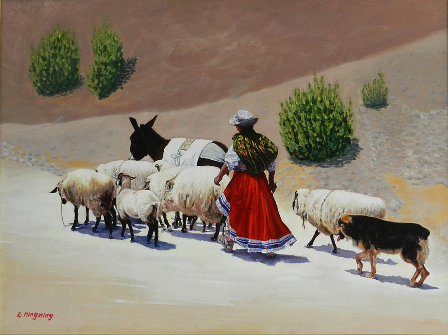 Animal Painting - Going home, Peru Impression by Ningning Li