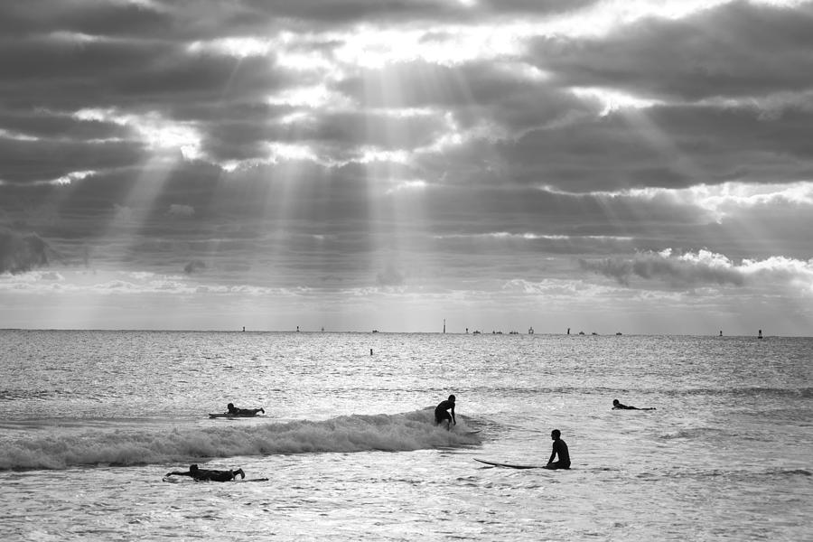 Going Surfing on Miami Beach Florida Sunrays Black and White Photograph by Toby McGuire