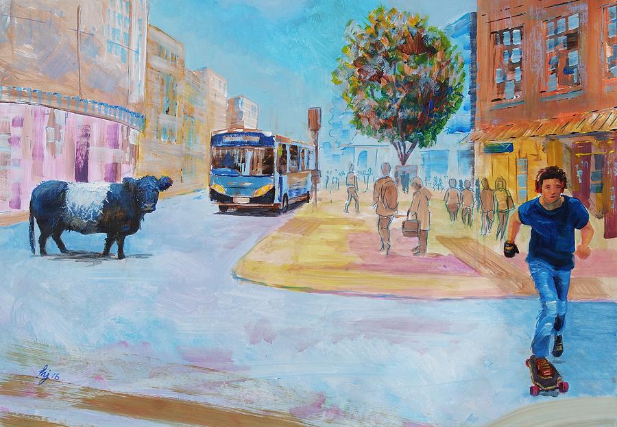 Going To Town - Belted Galloway Cow walking through Exeter city high street Painting by Mike Jory
