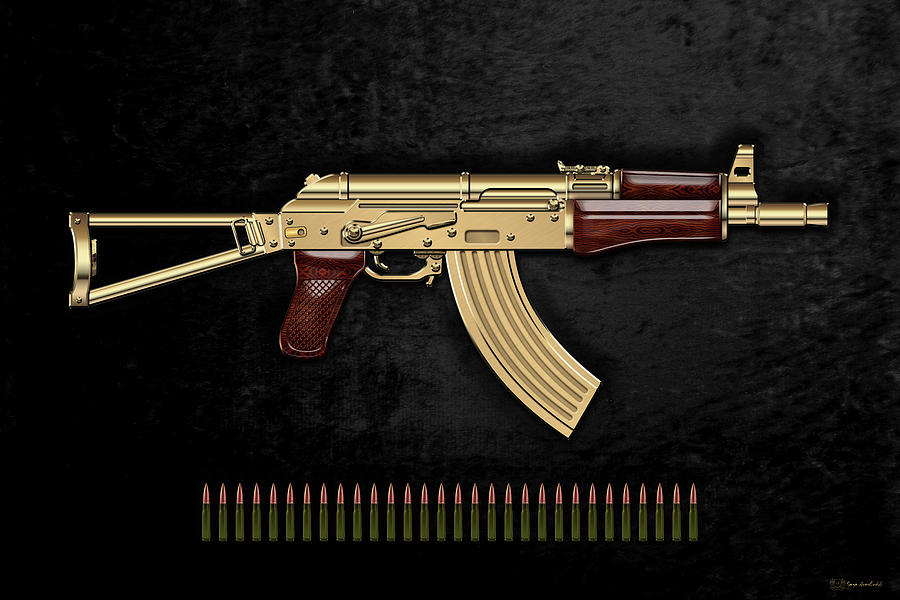 Gold A K S-74 U Assault Rifle with 5.45x39 Rounds over Black Velvet Digital Art by Serge Averbukh