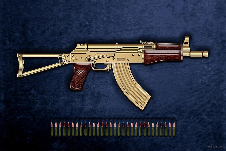 Gold A K S-74 U Assault Rifle with 5.45x39 Rounds over Blue Velvet Digital Art by Serge Averbukh