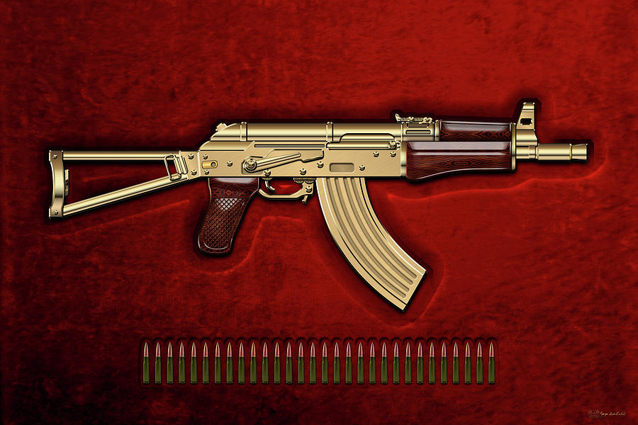 Gold A K S-74 U Assault Rifle with 5.45x39 Rounds over Red Velvet Digital Art by Serge Averbukh
