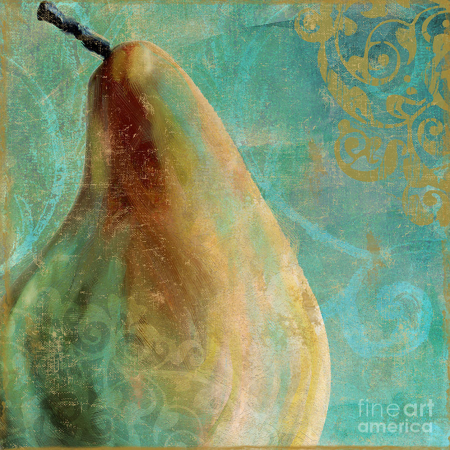 Fruit Painting - Gold and Aqua Pear by Mindy Sommers