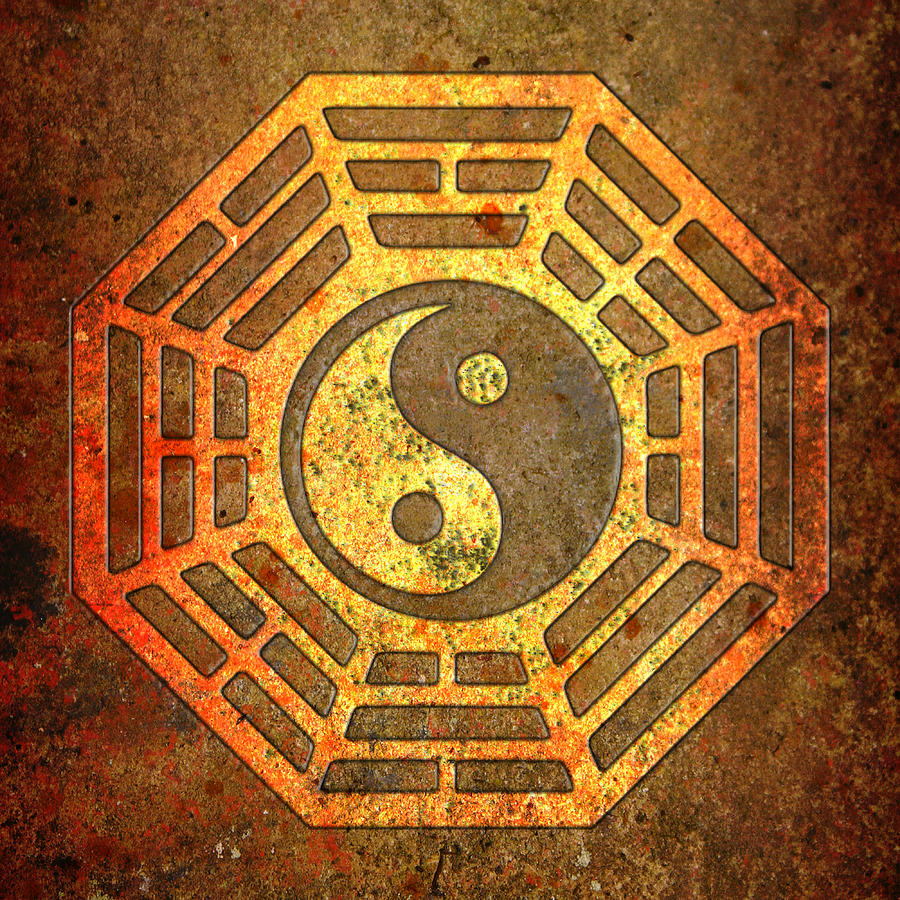 Gold and Copper Yin Yang Sign in Octagon with Stonel Background Digital Art by Fred Bertheas