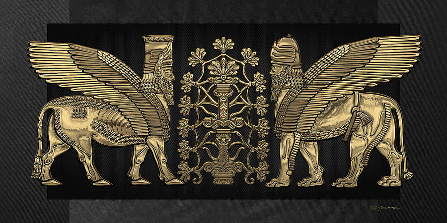 Gold Assyrian Winged Lion and Winged Bull - Lumasi with Tree of Life over B...