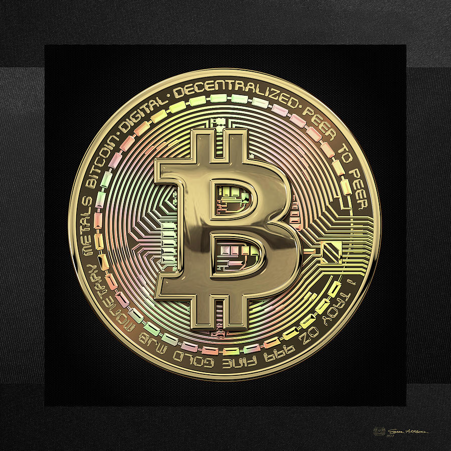 Gold Bitcoin Effigy over Black Canvas Digital Art by Serge Averbukh