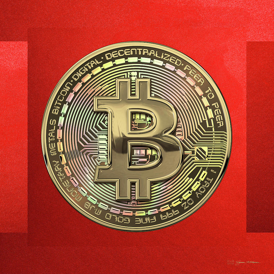 Gold Bitcoin Effigy over Red Canvas Digital Art by Serge Averbukh