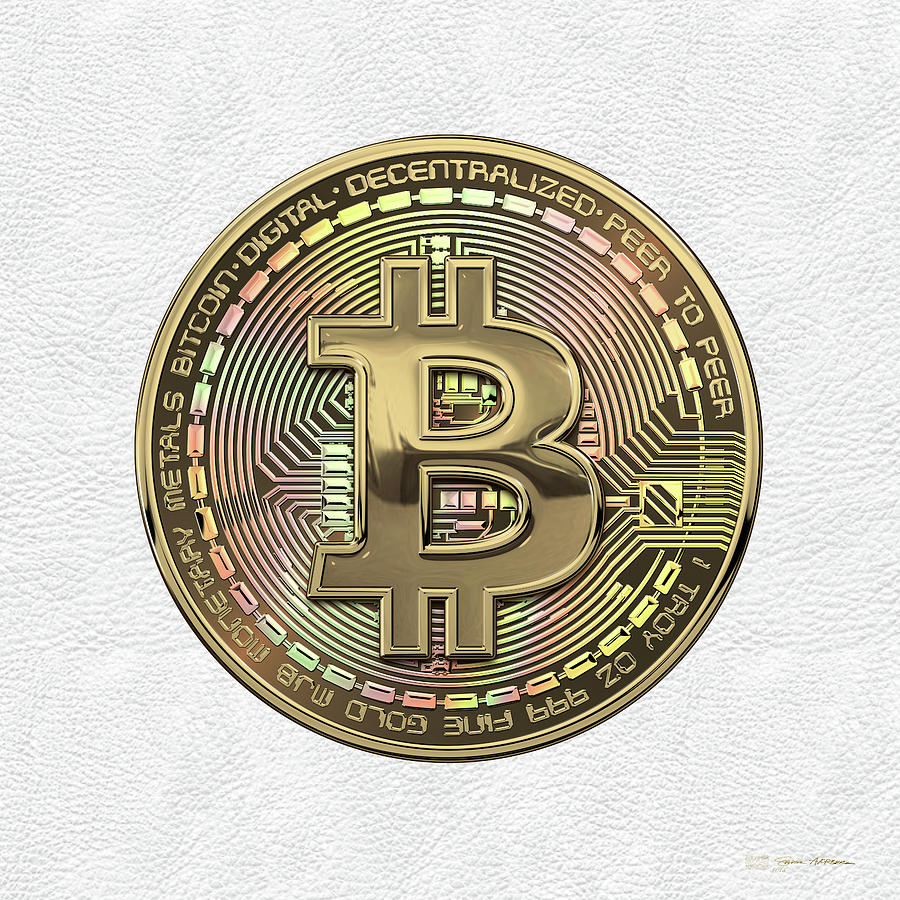 Gold Bitcoin Effigy over White Leather Digital Art by Serge Averbukh