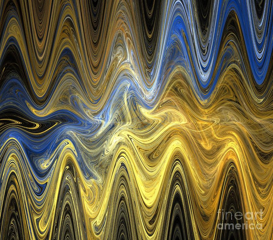 Abstract Digital Art - Gold Blue Waves by Kim Sy Ok