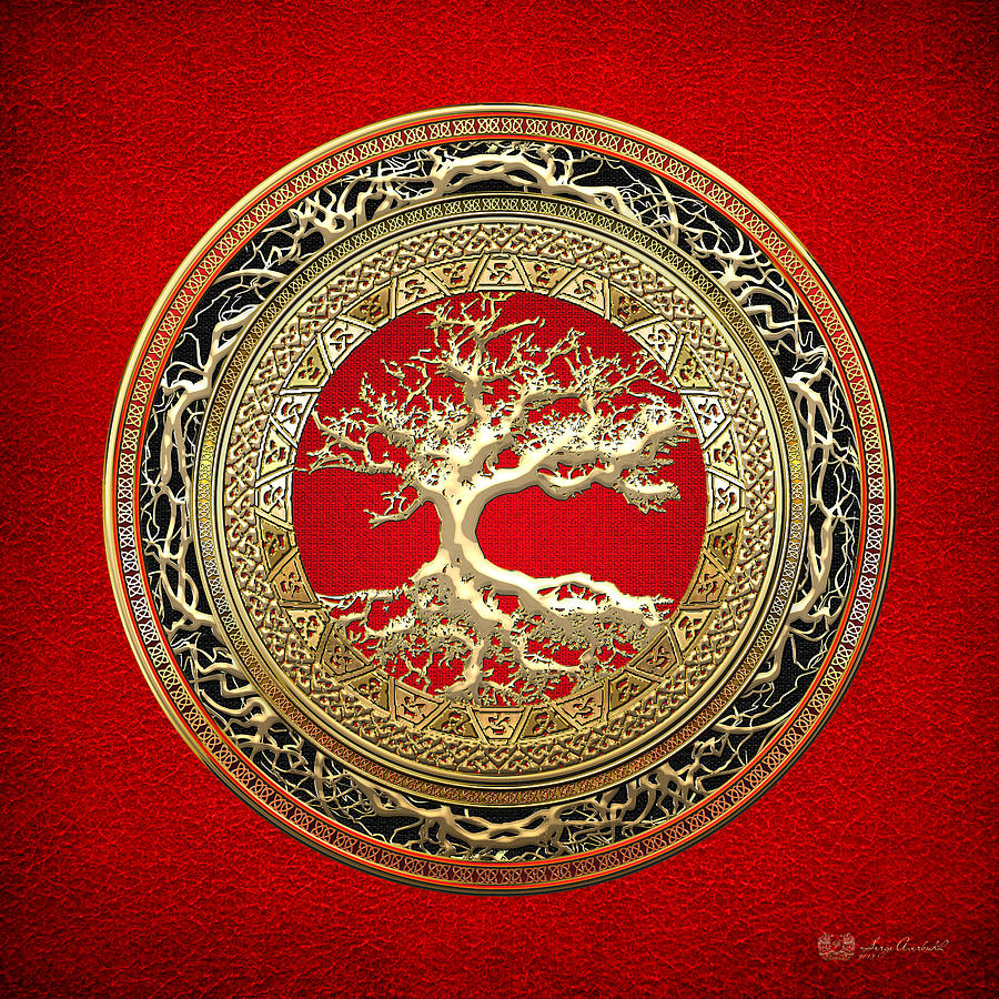 Tree Of Knowledge Photograph - Gold Celtic Tree Of Life On Red by Serge Averbukh