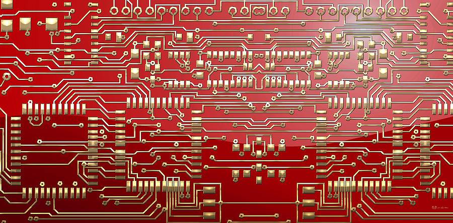 Tech Photograph - Gold Circuitry on Red by Serge Averbukh