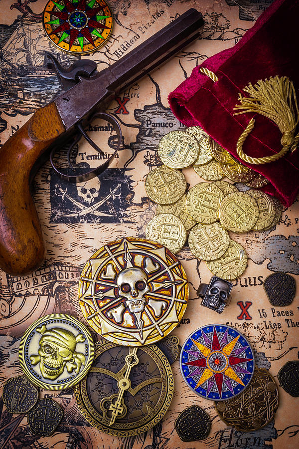 Map Photograph - Gold Coins On Pirate Map by Garry Gay