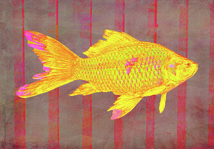 Gold Fish on Striped Background Digital Art by Mimulux Patricia No