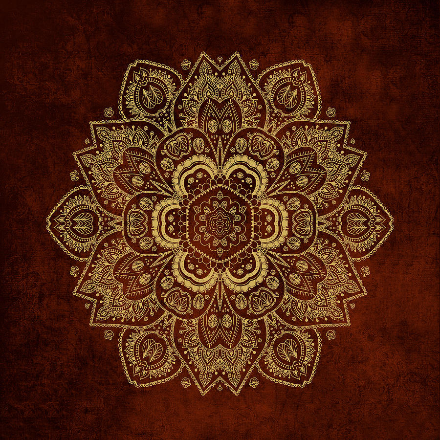 Gold Flower Mandala On Rusty Red Background Digital Art