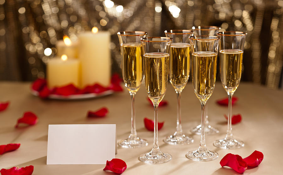 Gold glitter Wedding reception setting with champagne Photograph by U Schade
