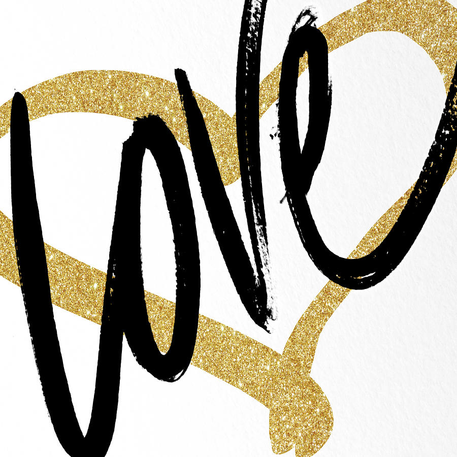 Gold Painting - Gold Heart Black Script Love by South Social Studio