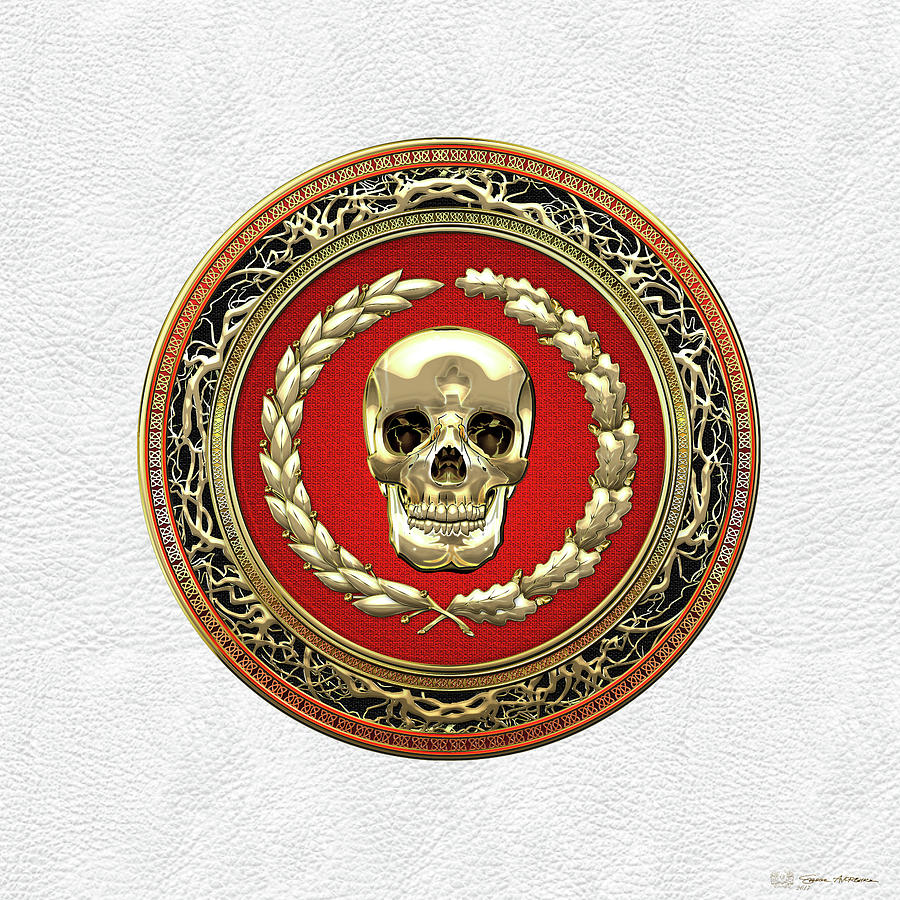 Gold Human Skull over White Leather  Digital Art by Serge Averbukh
