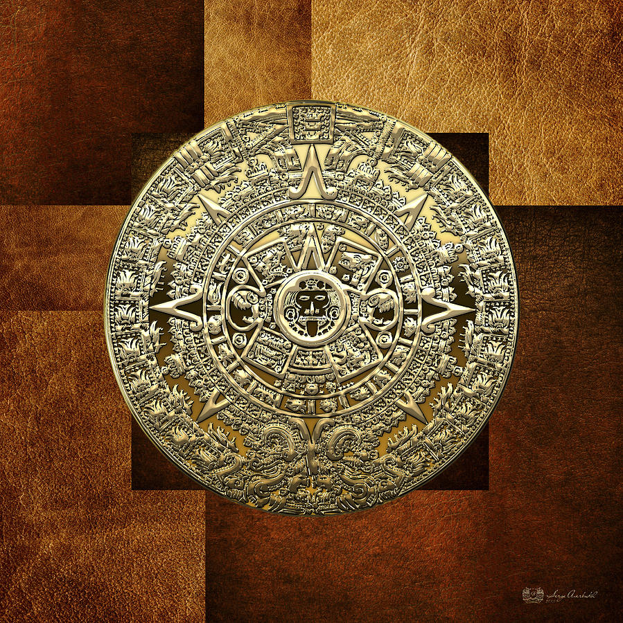 Gold MayanAztec Calendar on Brown Leather Digital Art by Serge