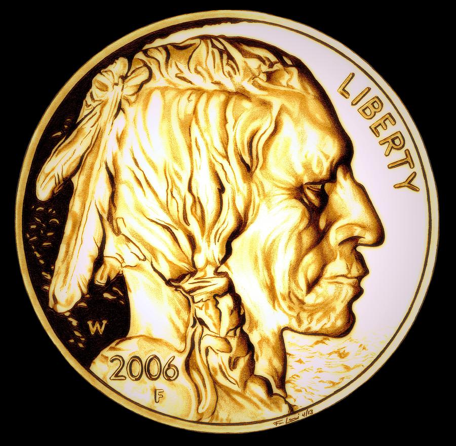Gold Nugget Buffalo Nickel Drawing by Fred Larucci