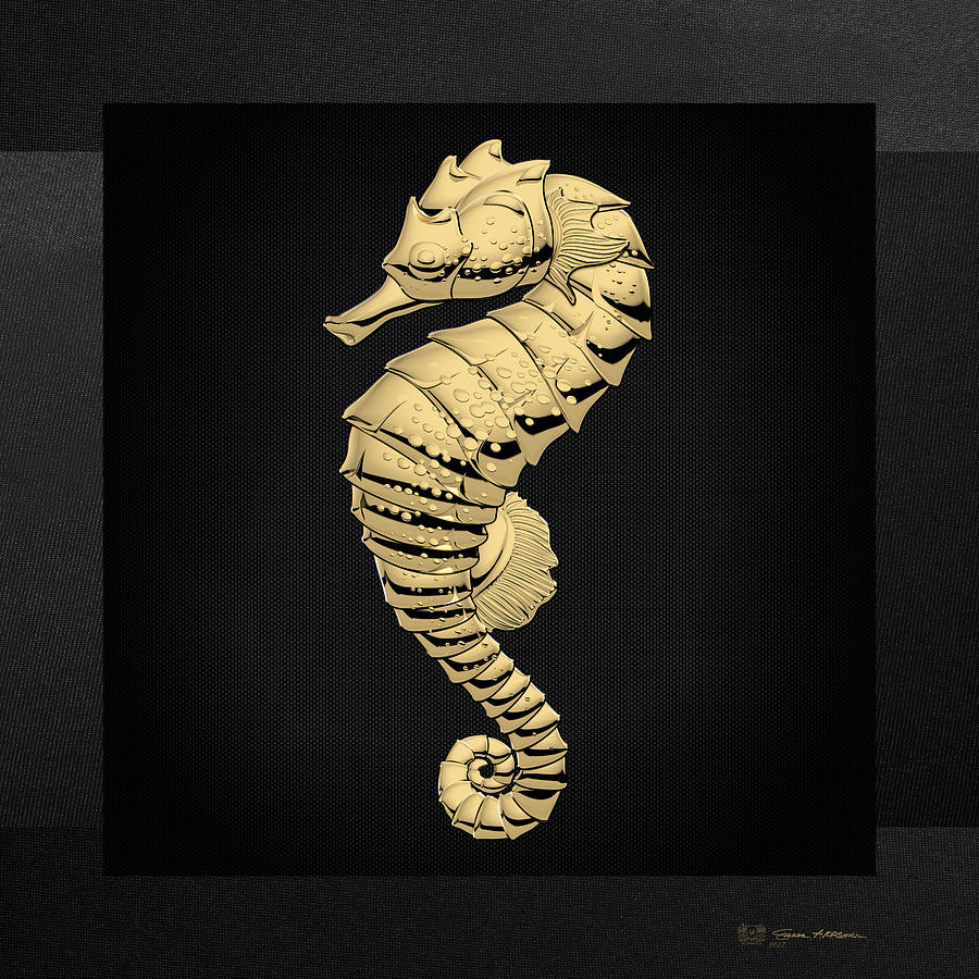 Gold Seahorse on Black Canvas Digital Art by Serge Averbukh